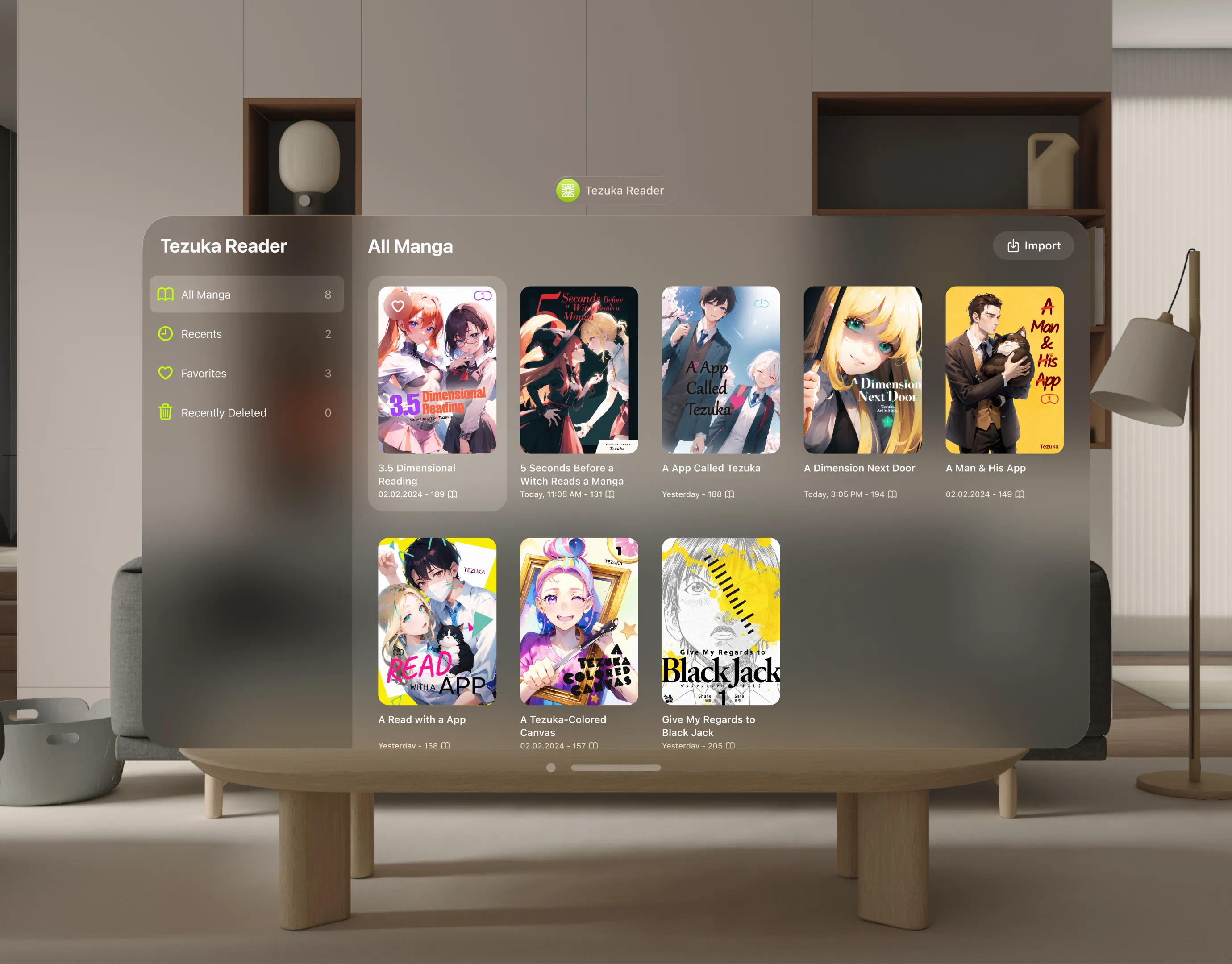 Mockup of a manga library view in the 'Tezuka Reader' app on Apple Vision Pro, displayed in a living room. The interface shows a selection of manga covers, sorted by name. On the left, there are navigation tabs such as 'All Manga', 'Recents', and 'Favorites'. The top right corner has an 'Import' button. The room features a gray sofa, wooden coffee table, and a floor lamp.