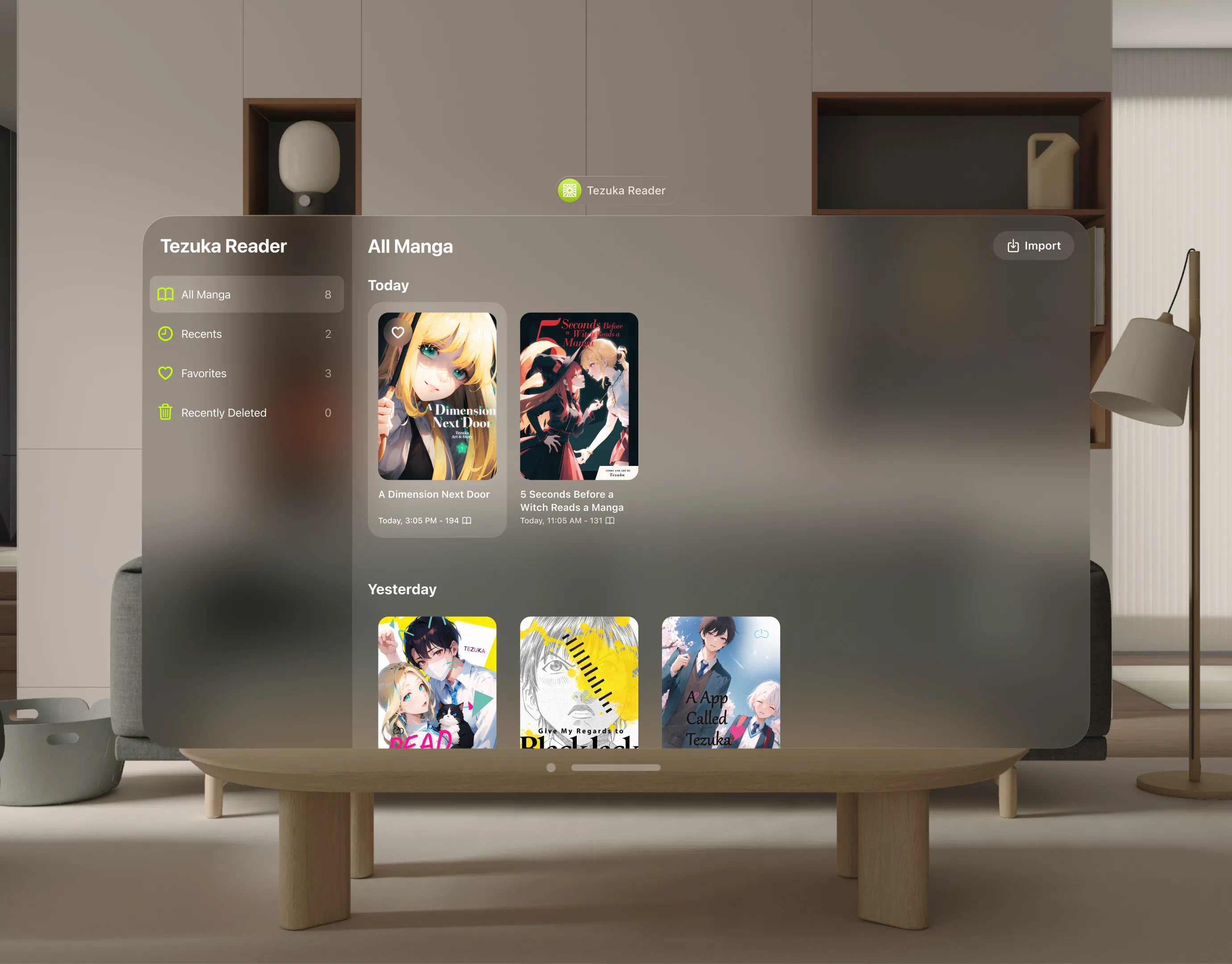 Mockup of a manga library view in the 'Tezuka Reader' app on Apple Vision Pro, showcased in a living room and sorted by date. The screen displays manga cover cards under 'Today', and others under 'Yesterday'. Navigation tabs are on the left, and an 'Import' button is on the upper right. The setting includes a gray couch, a wooden coffee table, and a standing lamp.