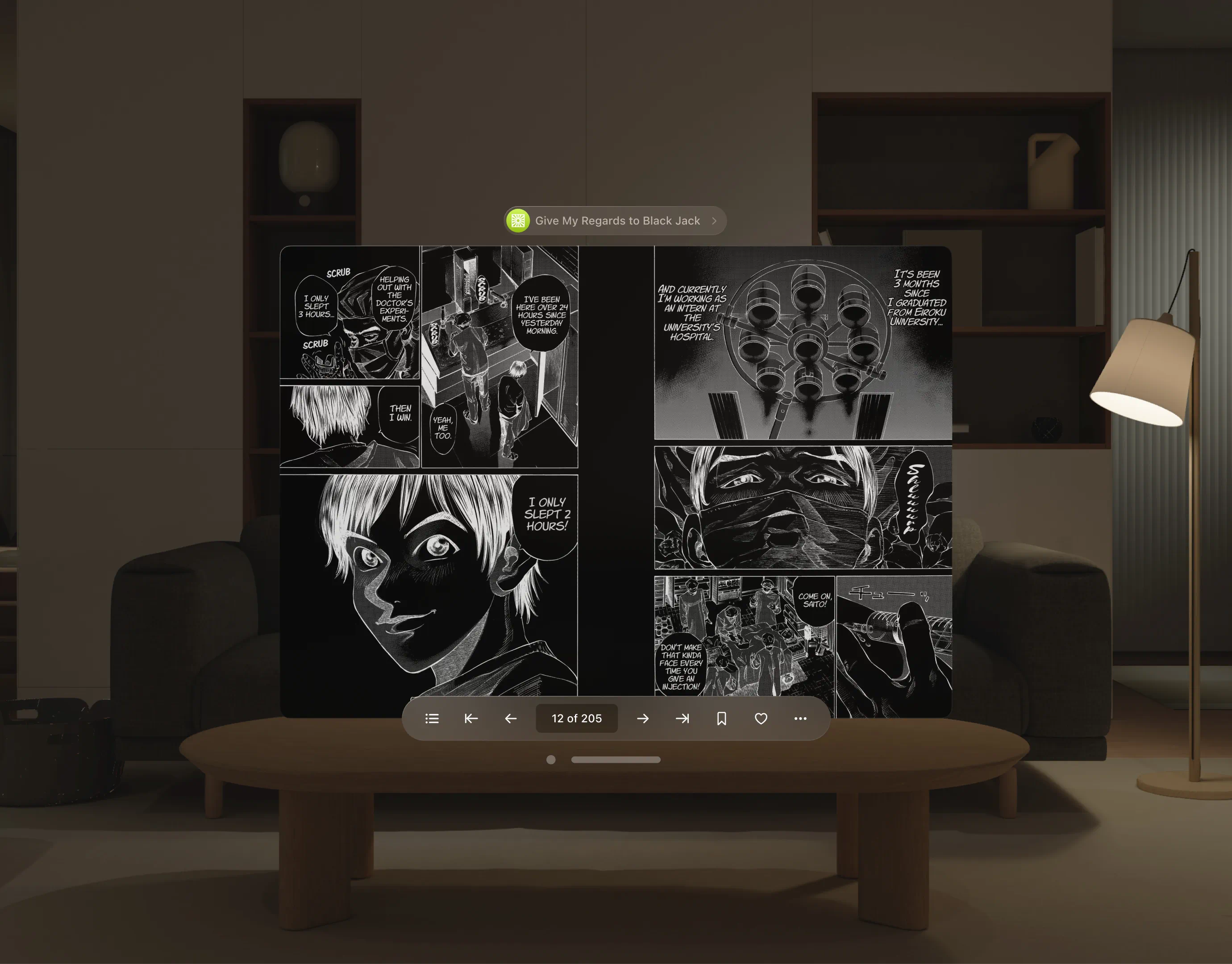 Mockup showcasing new page features of 'Tezuka Reader' app on Apple Vision Pro, with a manga page in dark mode. The app interface includes options like translucent page mode, bookmarking, and a favorite button. The manga panels are displayed in black and white negative, emphasizing the dark mode viewing option. The background is a contemporary living room with a gray sectional, a wooden table, and soft lighting from a floor lamp.